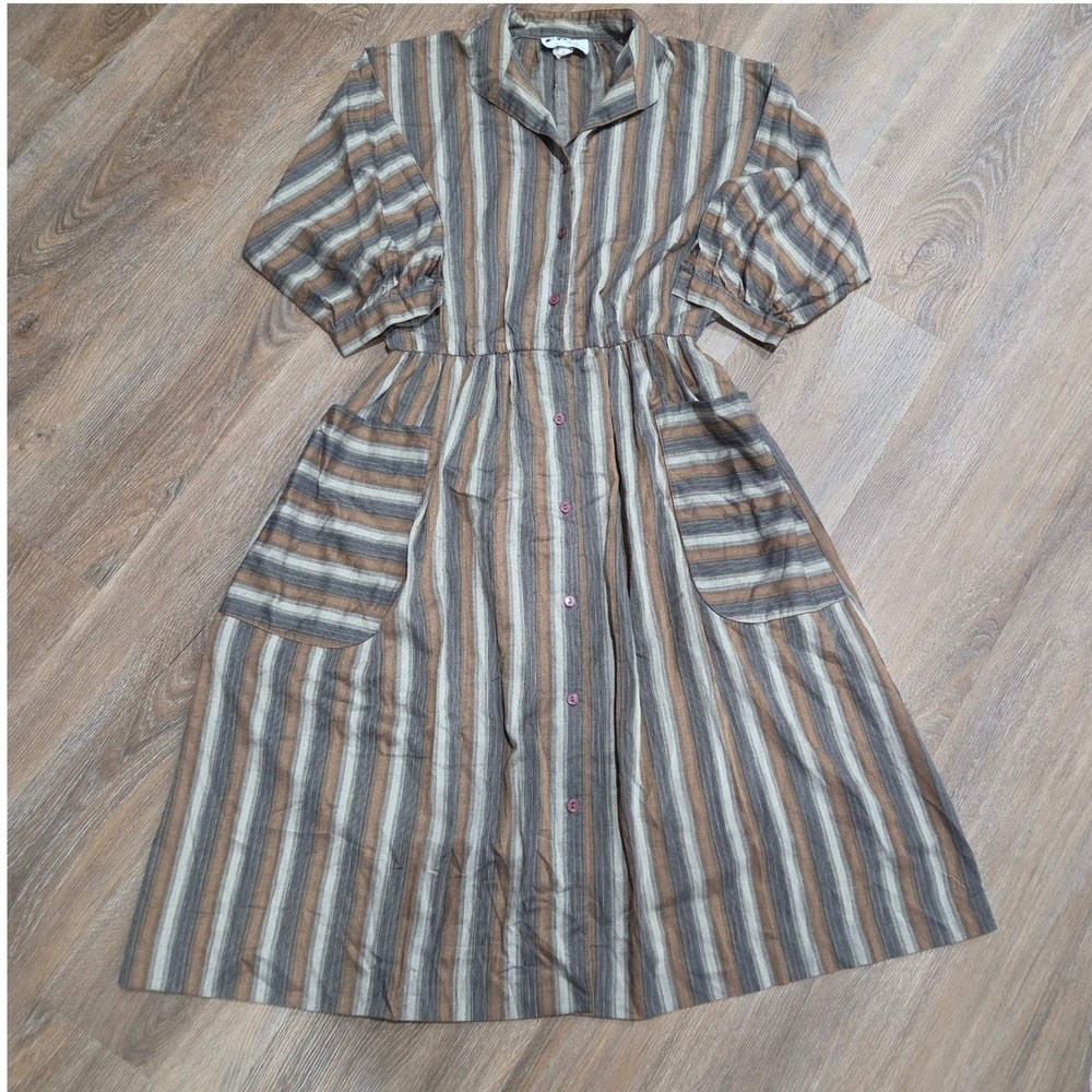 Vintage Willi of California Striped Button Front Midi Dress Brown Tan 14 5427